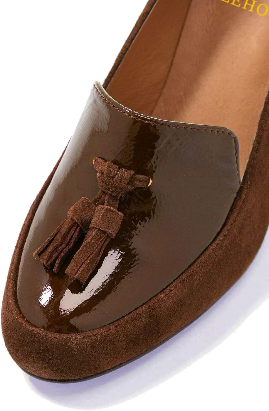 LEHOOR Women Chunky Block High Heel Fringed Pumps Round Toe, Slip On Dress Loafers with Tassel Suede Patent Leather Patchwork for Ladies Girls Office 4-15 M US