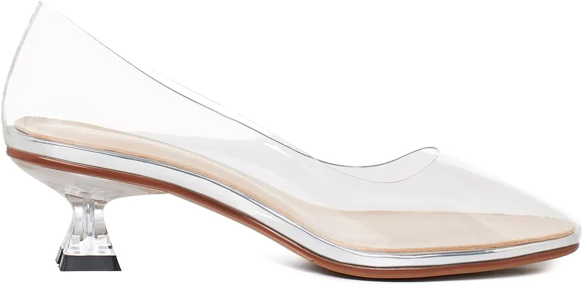 LEHOOR Women Clear Slip On Pumps Kitten Heel Round Closed Toe Sandals 1 Inch Low Heel Summer Transparent PVC Trendy Wedding Party Dress Shoes Size 4-9.5 M US