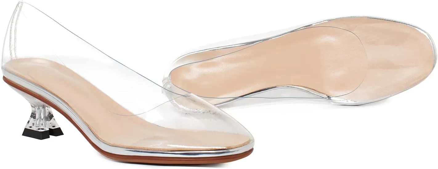 LEHOOR Women Clear Slip On Pumps Kitten Heel Round Closed Toe Sandals 1 Inch Low Heel Summer Transparent PVC Trendy Wedding Party Dress Shoes Size 4-9.5 M US