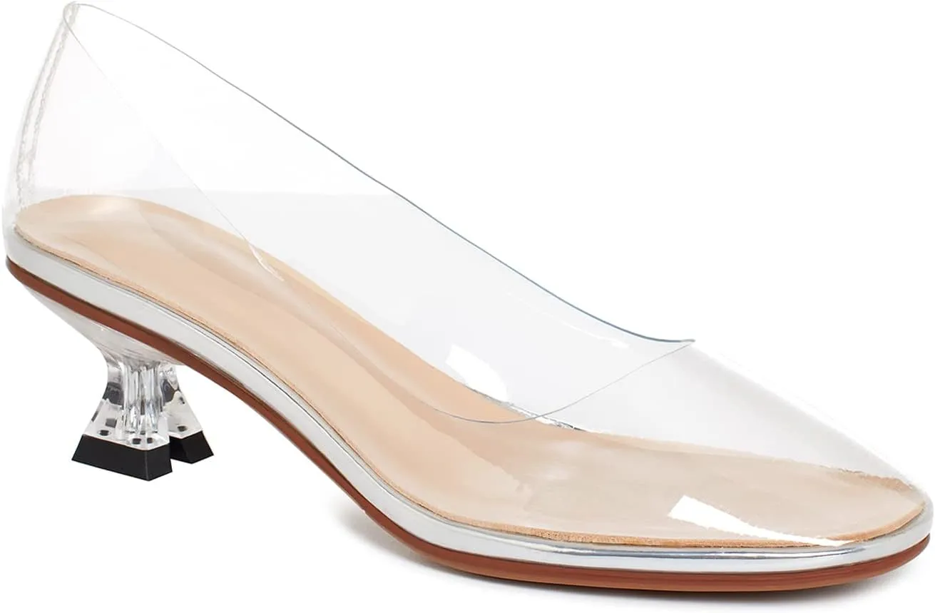 LEHOOR Women Clear Slip On Pumps Kitten Heel Round Closed Toe Sandals 1 Inch Low Heel Summer Transparent PVC Trendy Wedding Party Dress Shoes Size 4-9.5 M US