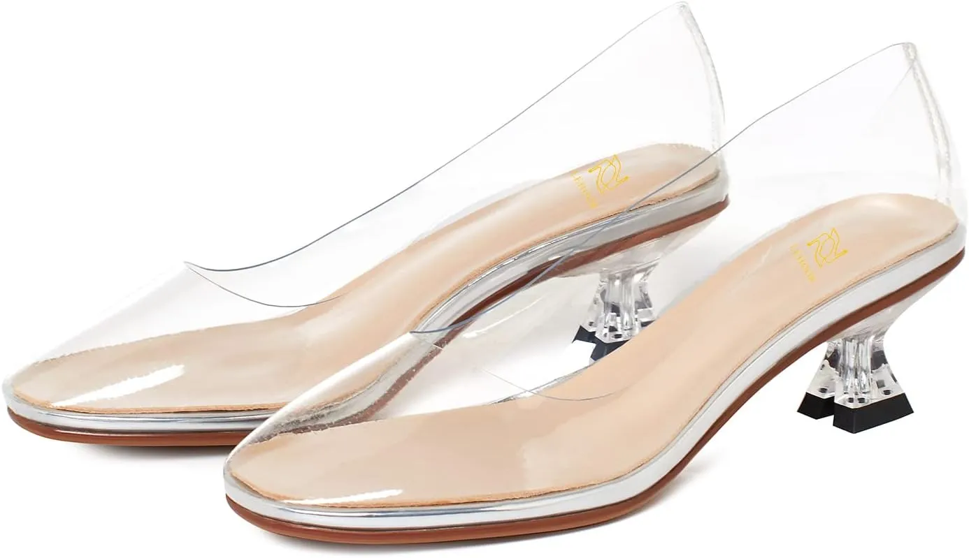 LEHOOR Women Clear Slip On Pumps Kitten Heel Round Closed Toe Sandals 1 Inch Low Heel Summer Transparent PVC Trendy Wedding Party Dress Shoes Size 4-9.5 M US