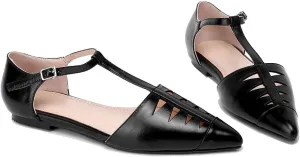 LEHOOR Women Pointed Toe T-Strap Flats Ankle Strap Genuine Leather Low Heel Pumps Closed Toe Summer Trendy Sandals for Women Comfortable Concise Dress Shoes 4-10 M US
