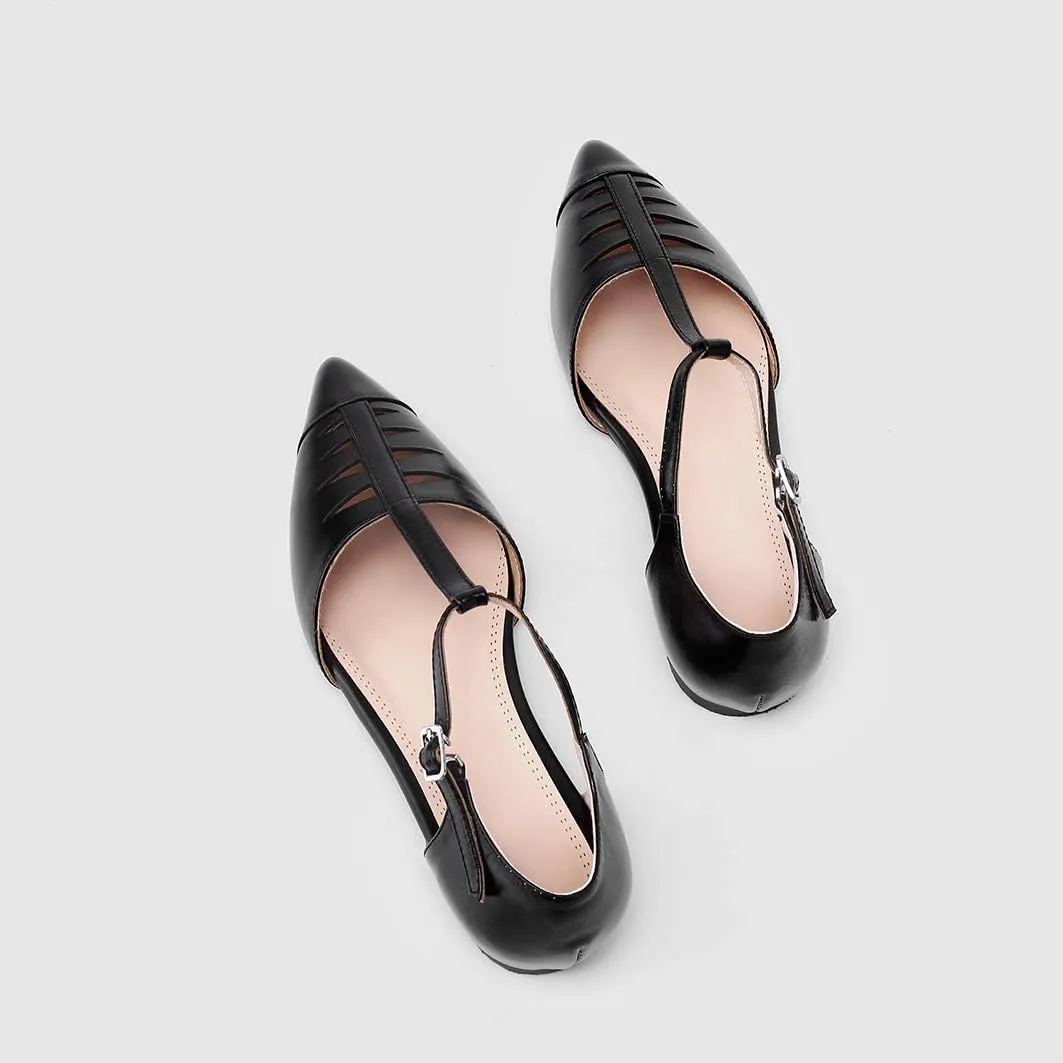 LEHOOR Women Pointed Toe T-Strap Flats Ankle Strap Genuine Leather Low Heel Pumps Closed Toe Summer Trendy Sandals for Women Comfortable Concise Dress Shoes 4-10 M US