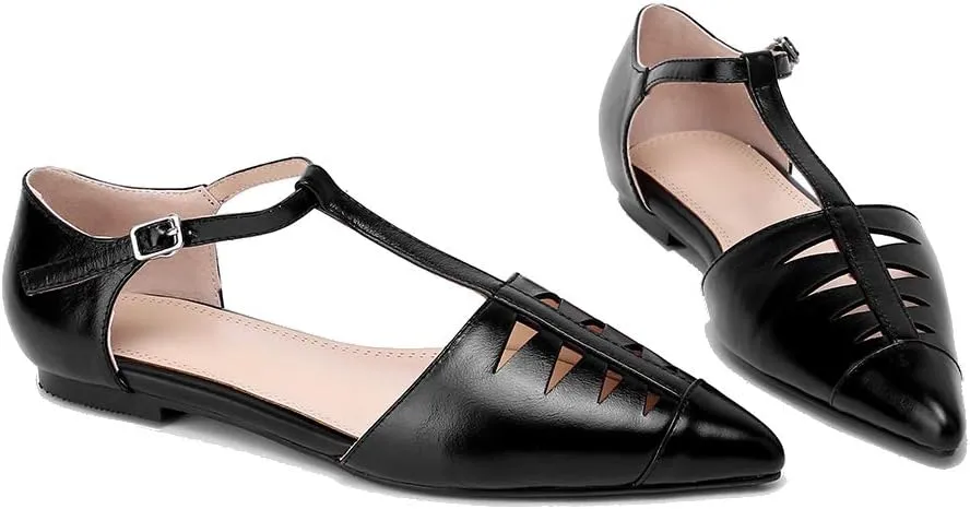 LEHOOR Women Pointed Toe T-Strap Flats Ankle Strap Genuine Leather Low Heel Pumps Closed Toe Summer Trendy Sandals for Women Comfortable Concise Dress Shoes 4-10 M US