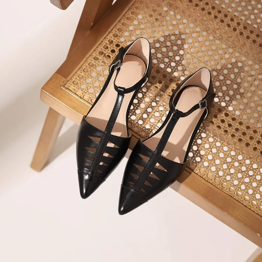 LEHOOR Women Pointed Toe T-Strap Flats Ankle Strap Genuine Leather Low Heel Pumps Closed Toe Summer Trendy Sandals for Women Comfortable Concise Dress Shoes 4-10 M US