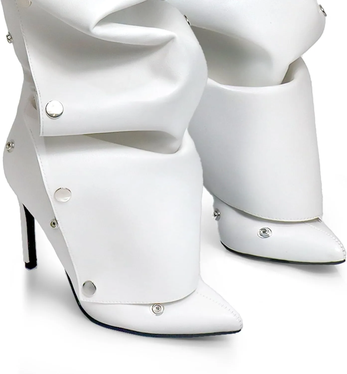 Liliana Women's Pointed Toe Stiletto High Heels Pleated Button Detachable Fold Over Slouchy Fashion Boots (RUNS SMALL)