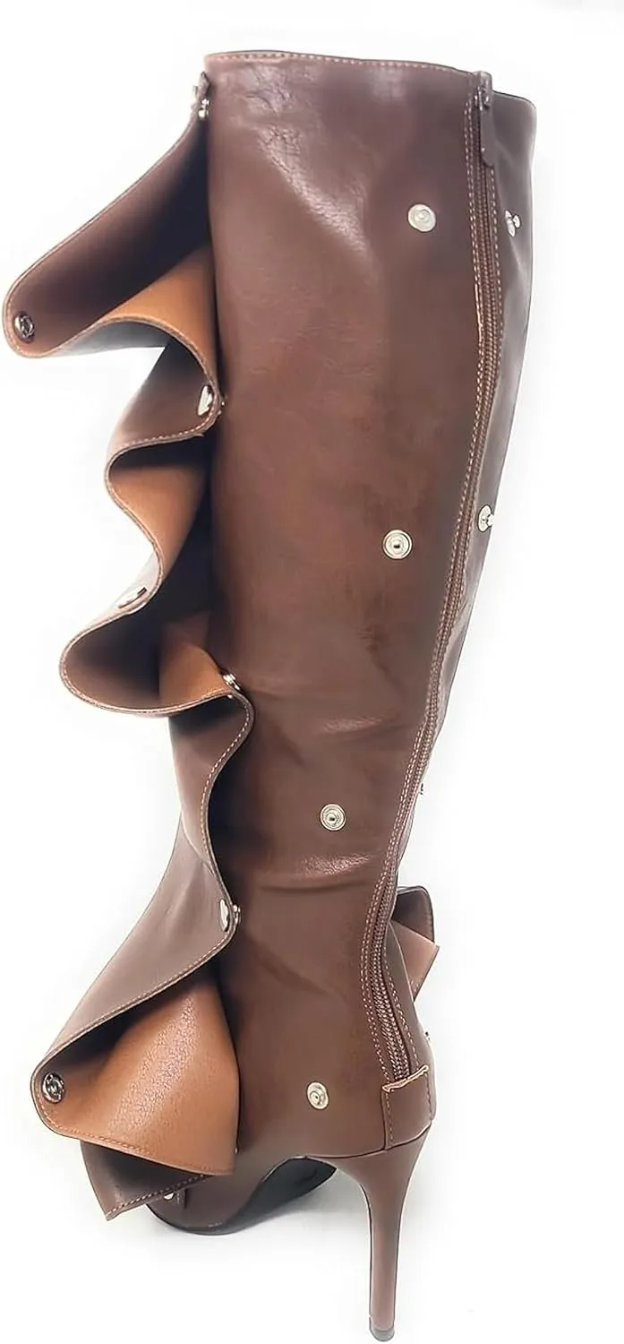 Liliana Women's Pointed Toe Stiletto High Heels Pleated Button Detachable Fold Over Slouchy Fashion Boots (RUNS SMALL)