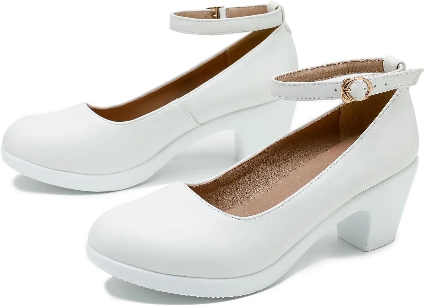 LIURUIJIA Women's Chunky Low Block Heels Mary Jane Closed Toe Work Pumps Ankle Strap Comfortable Round Toe Dress Wedding Work Shoes