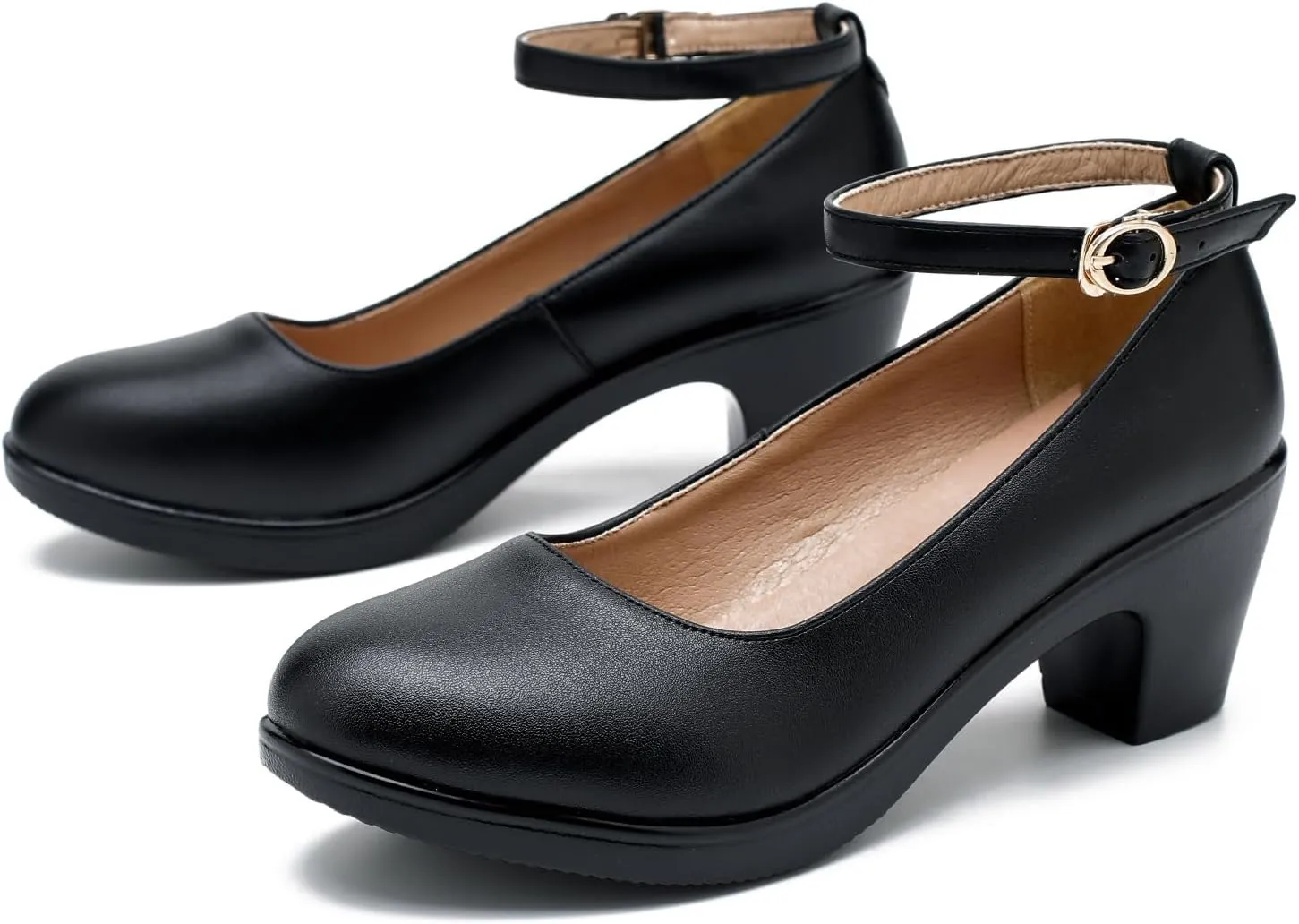 LIURUIJIA Women's Chunky Low Block Heels Mary Jane Closed Toe Work Pumps Ankle Strap Comfortable Round Toe Dress Wedding Work Shoes