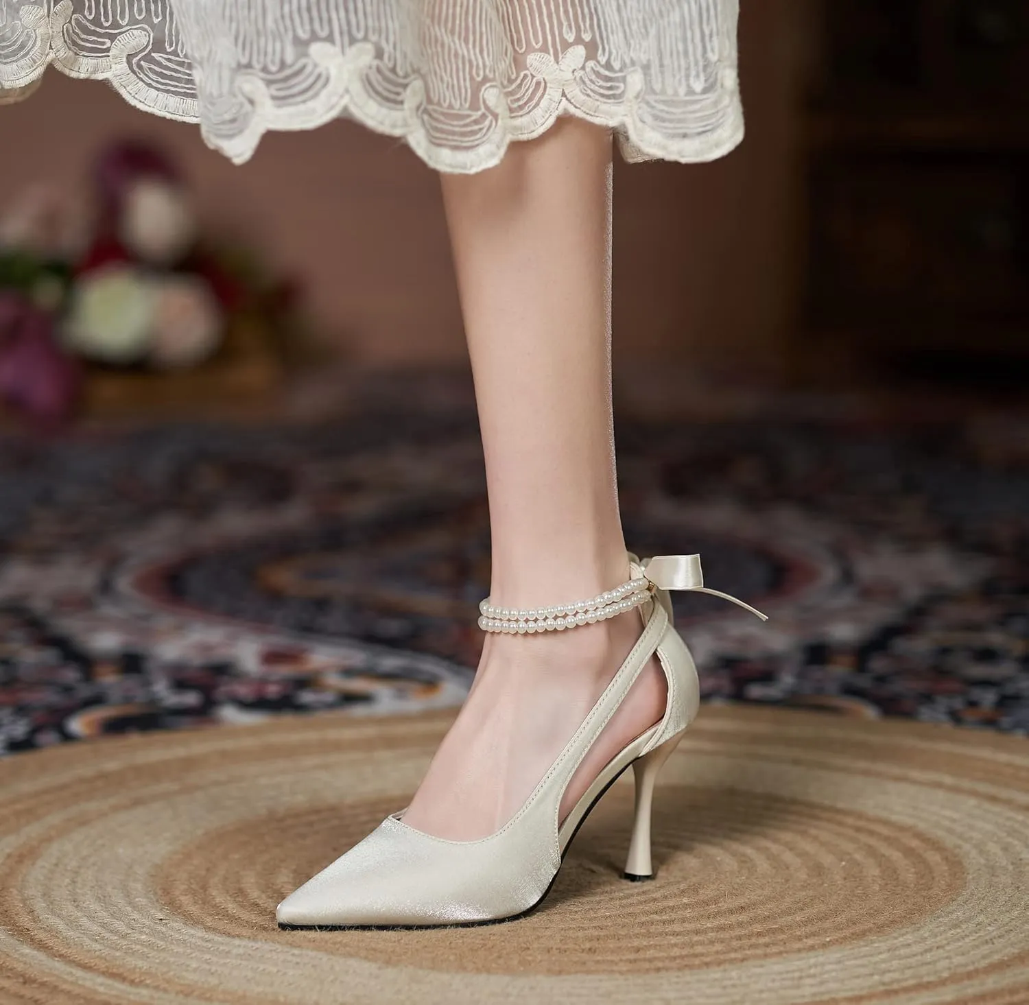 LizFoYa Women Satin Wedding High Heels Pointed Toe Bridal Pumps Heels Pearls Decorated Ribbon Sexy Heels