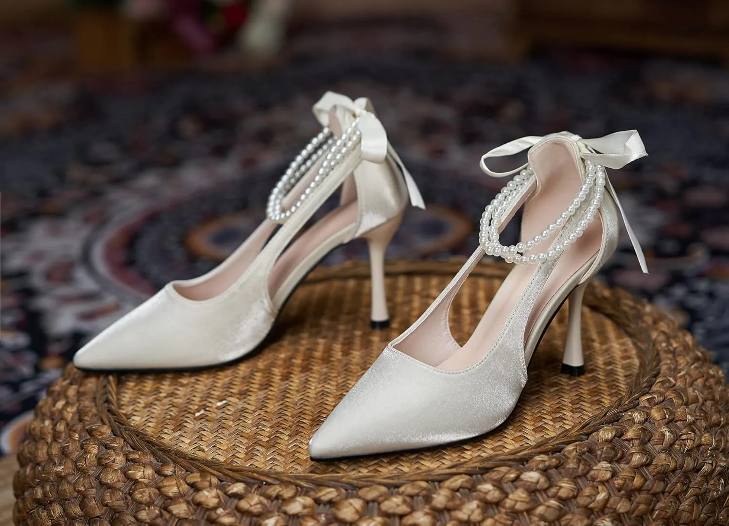 LizFoYa Women Satin Wedding High Heels Pointed Toe Bridal Pumps Heels Pearls Decorated Ribbon Sexy Heels
