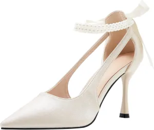 LizFoYa Women Satin Wedding High Heels Pointed Toe Bridal Pumps Heels Pearls Decorated Ribbon Sexy Heels