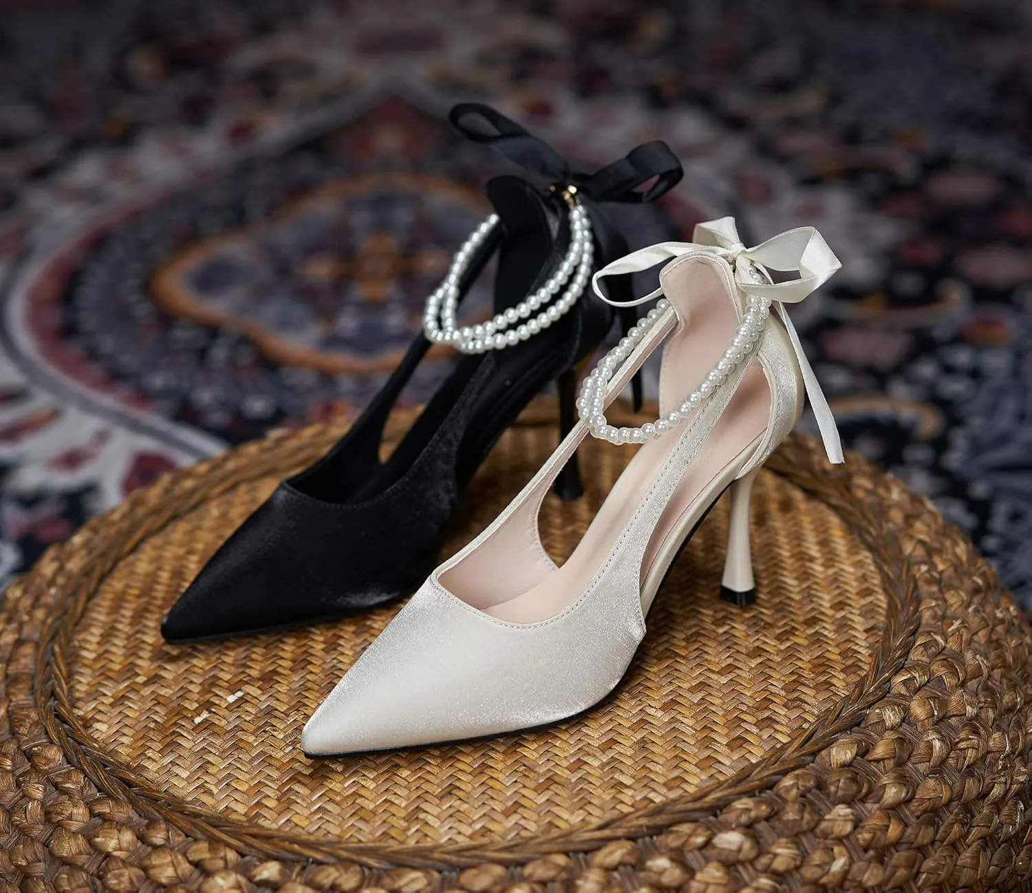 LizFoYa Women Satin Wedding High Heels Pointed Toe Bridal Pumps Heels Pearls Decorated Ribbon Sexy Heels