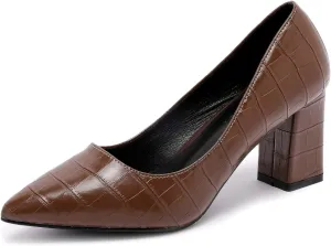 LizFoYa Women Sexy Pointed Toe Pumps Heel Office Lady Formal Crocodile Patterned Mid Walk Chunky Heels