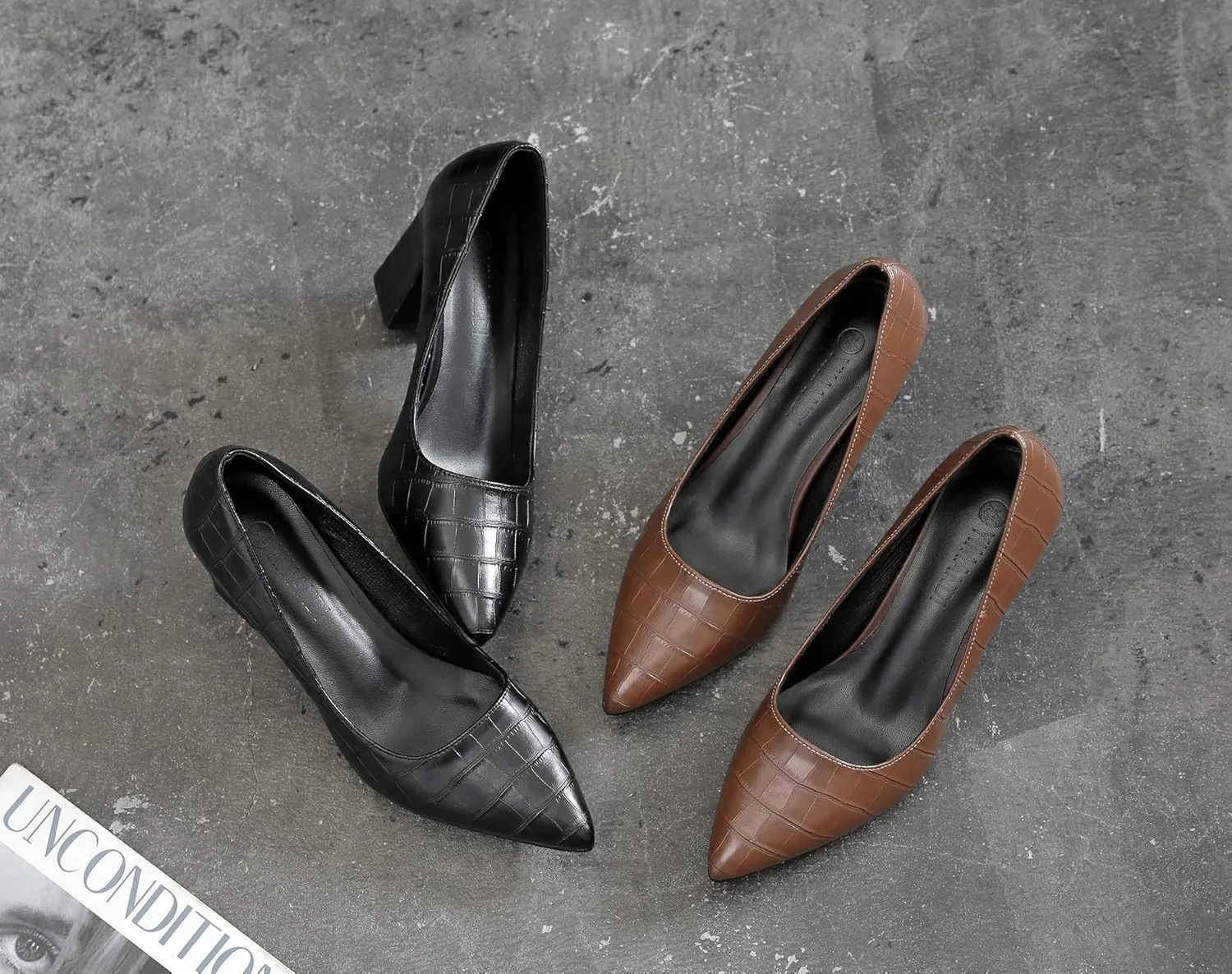 LizFoYa Women Sexy Pointed Toe Pumps Heel Office Lady Formal Crocodile Patterned Mid Walk Chunky Heels