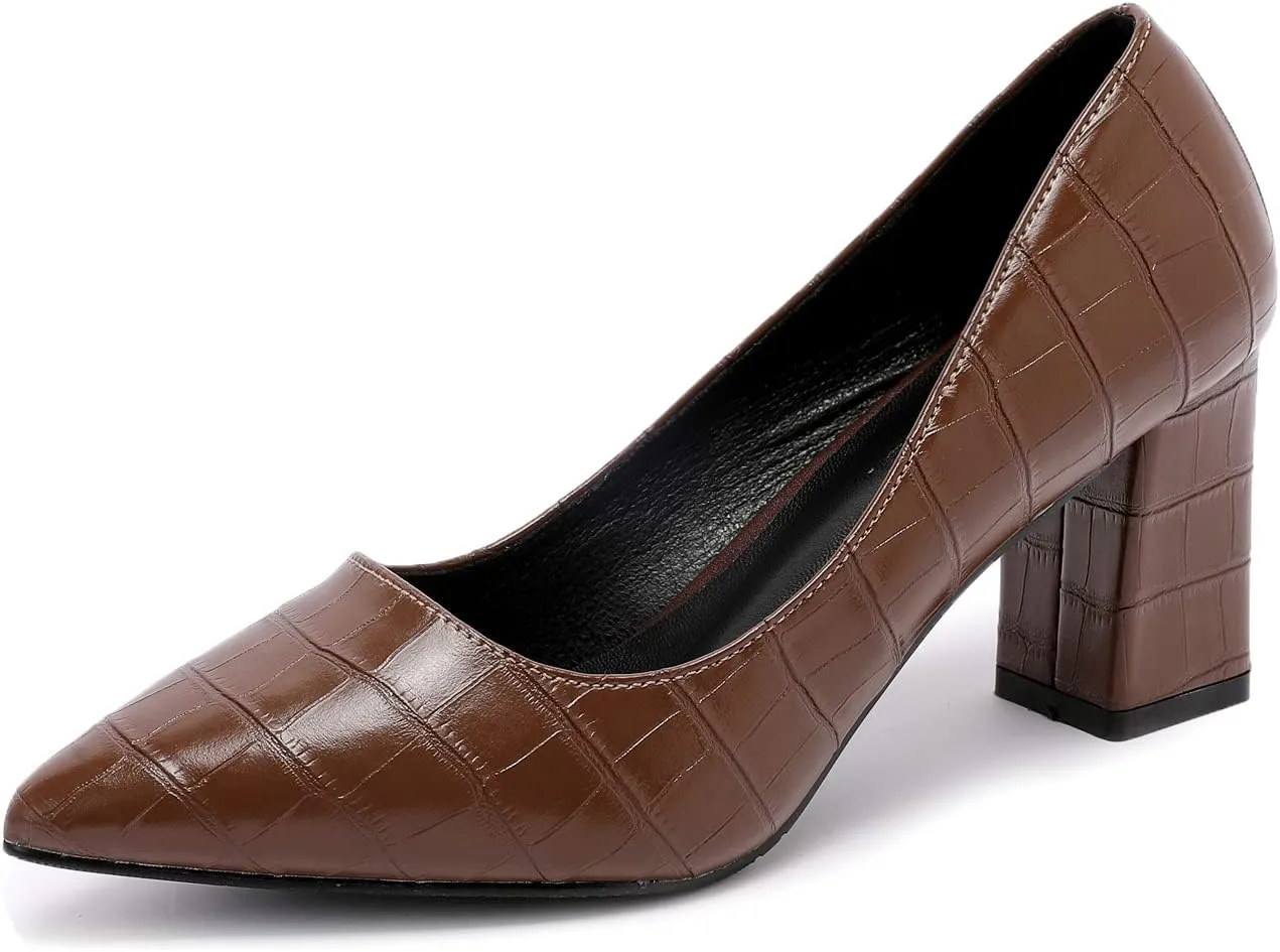 LizFoYa Women Sexy Pointed Toe Pumps Heel Office Lady Formal Crocodile Patterned Mid Walk Chunky Heels