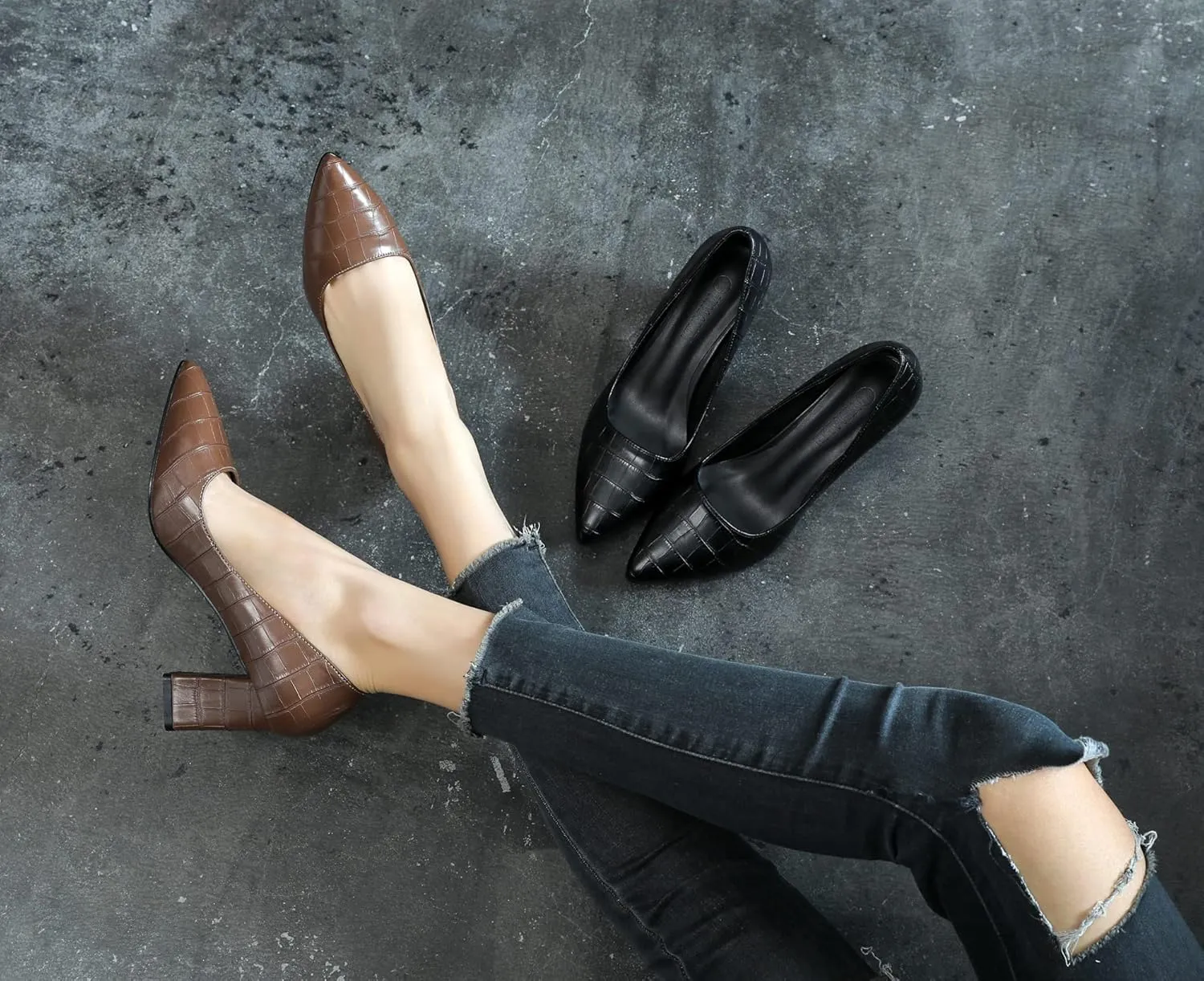 LizFoYa Women Sexy Pointed Toe Pumps Heel Office Lady Formal Crocodile Patterned Mid Walk Chunky Heels
