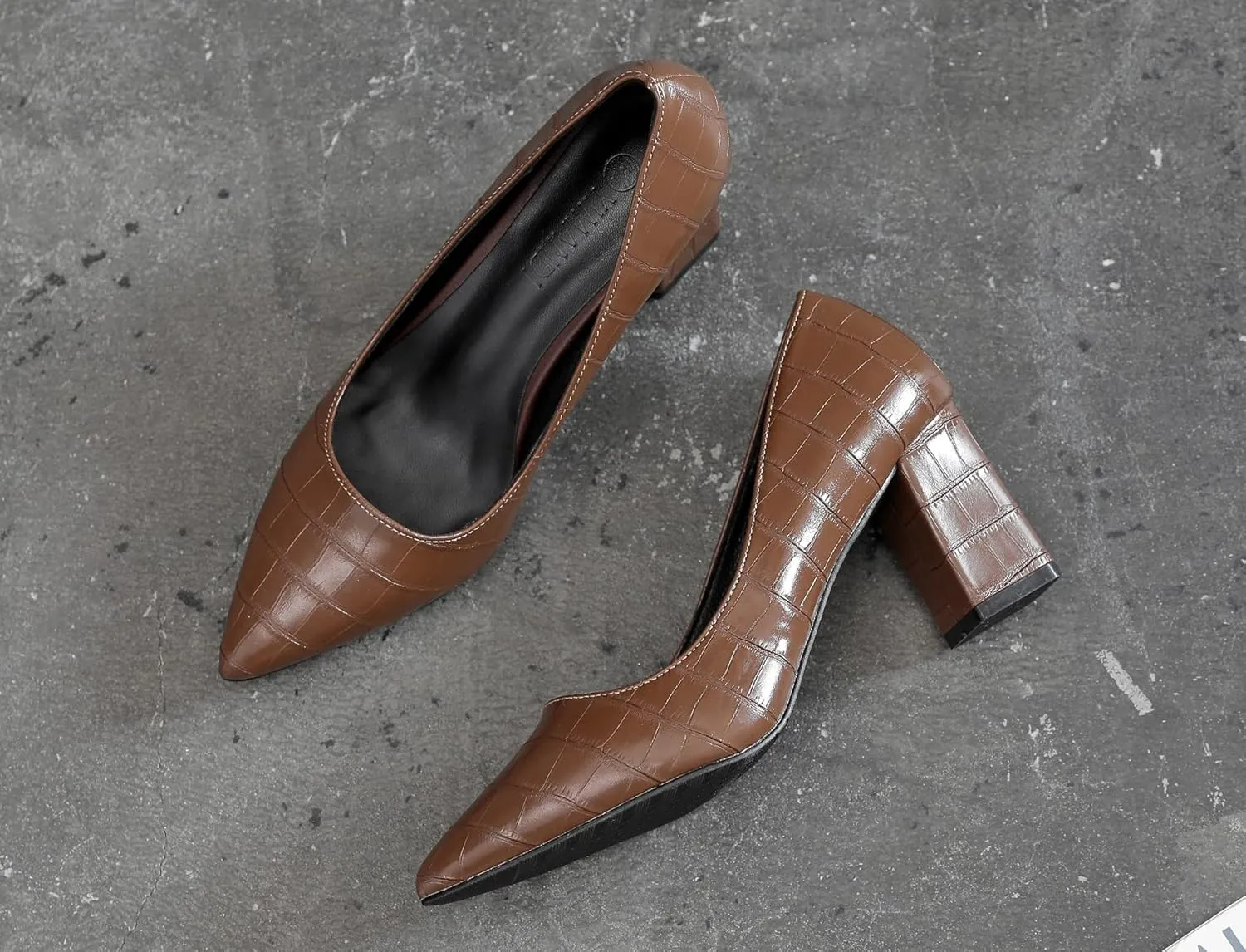 LizFoYa Women Sexy Pointed Toe Pumps Heel Office Lady Formal Crocodile Patterned Mid Walk Chunky Heels