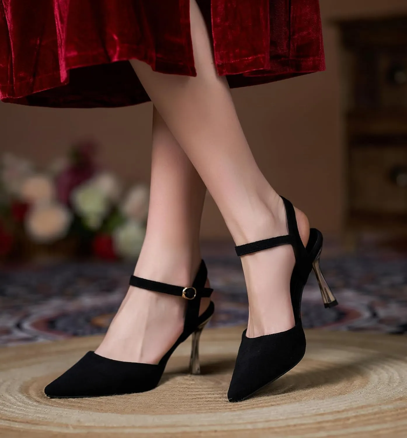 LizFoYa Women’s Suede Leather High Heels Ankle Strap Dress Party Pumps Pointed Toe D'Orsay Shoes