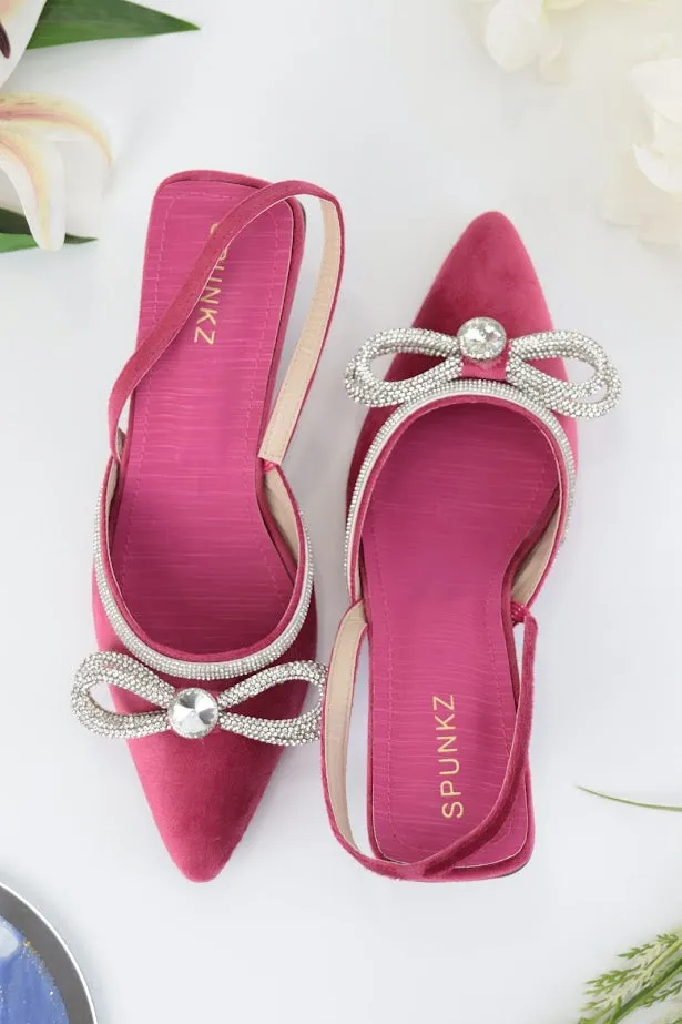 Loxi Pink Pointed Diamante Bow Low Heel - 11011