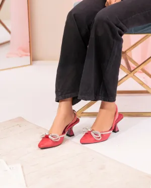 Loxi Pink Pointed Diamante Bow Low Heel - 11011