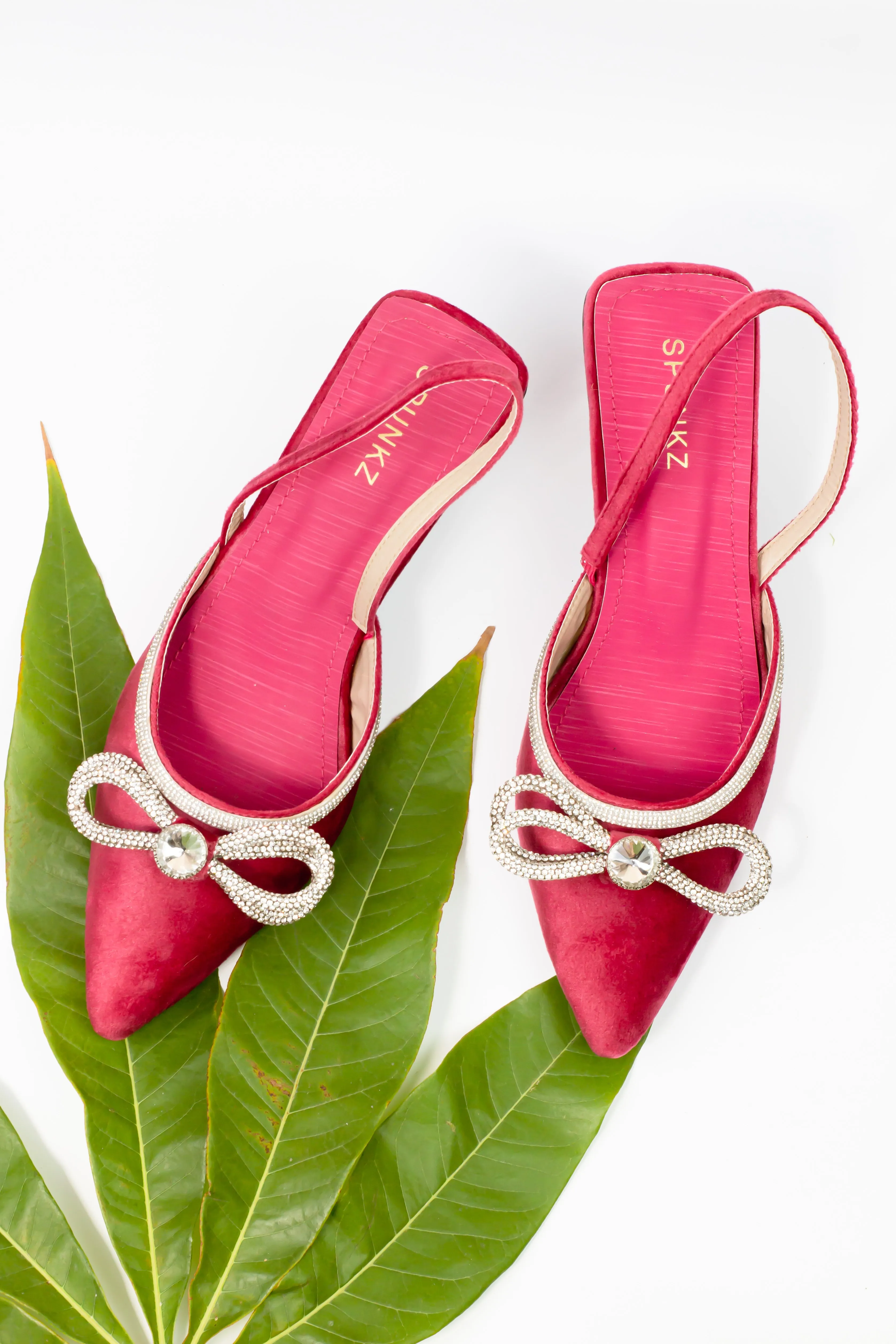 Loxi Pink Pointed Diamante Bow Low Heel - 11011