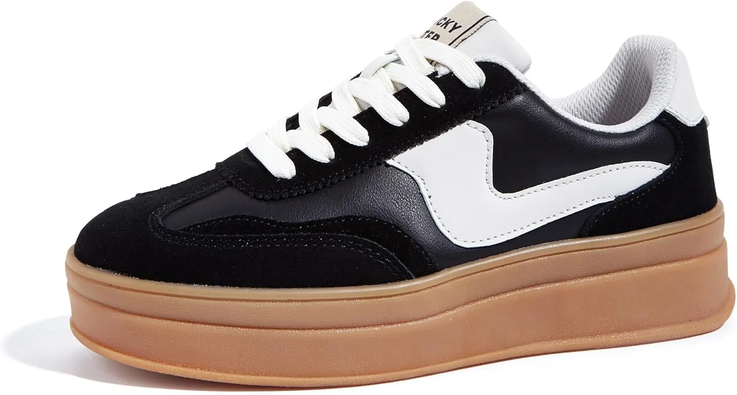 LUCKY STEP Women's Platform Fashion Sneakers Thick Sole Suede Genuine Leather Classic Rubber Gum Sole Low Top Casual Walking Shoes