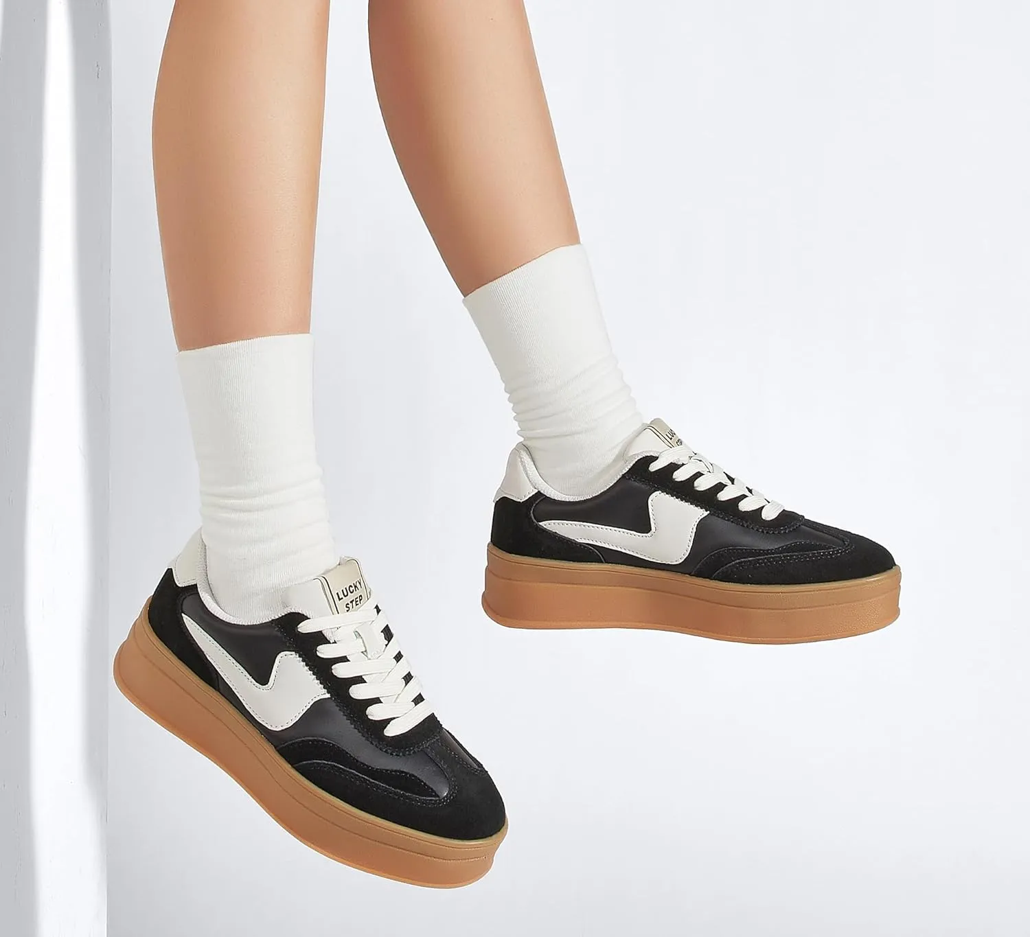 LUCKY STEP Women's Platform Fashion Sneakers Thick Sole Suede Genuine Leather Classic Rubber Gum Sole Low Top Casual Walking Shoes