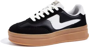 LUCKY STEP Women's Platform Fashion Sneakers Thick Sole Suede Genuine Leather Classic Rubber Gum Sole Low Top Casual Walking Shoes