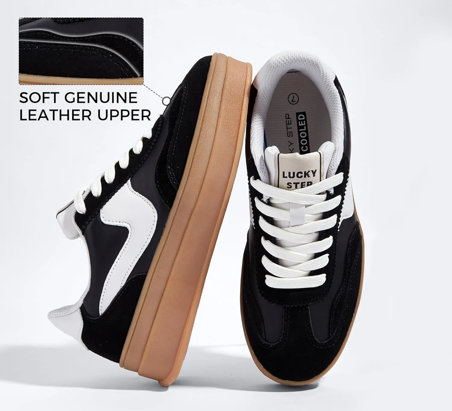 LUCKY STEP Women's Platform Fashion Sneakers Thick Sole Suede Genuine Leather Classic Rubber Gum Sole Low Top Casual Walking Shoes