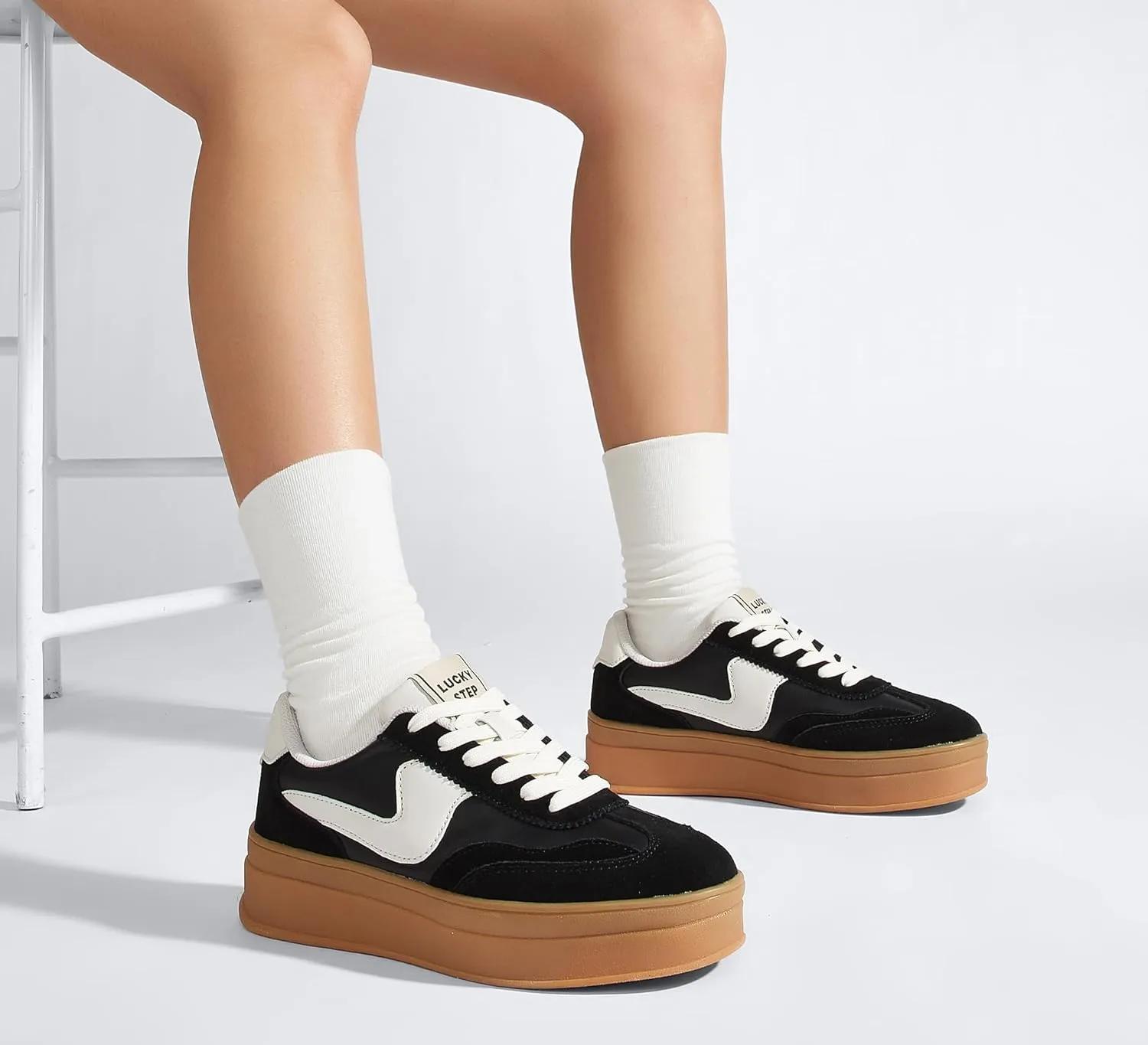 LUCKY STEP Women's Platform Fashion Sneakers Thick Sole Suede Genuine Leather Classic Rubber Gum Sole Low Top Casual Walking Shoes