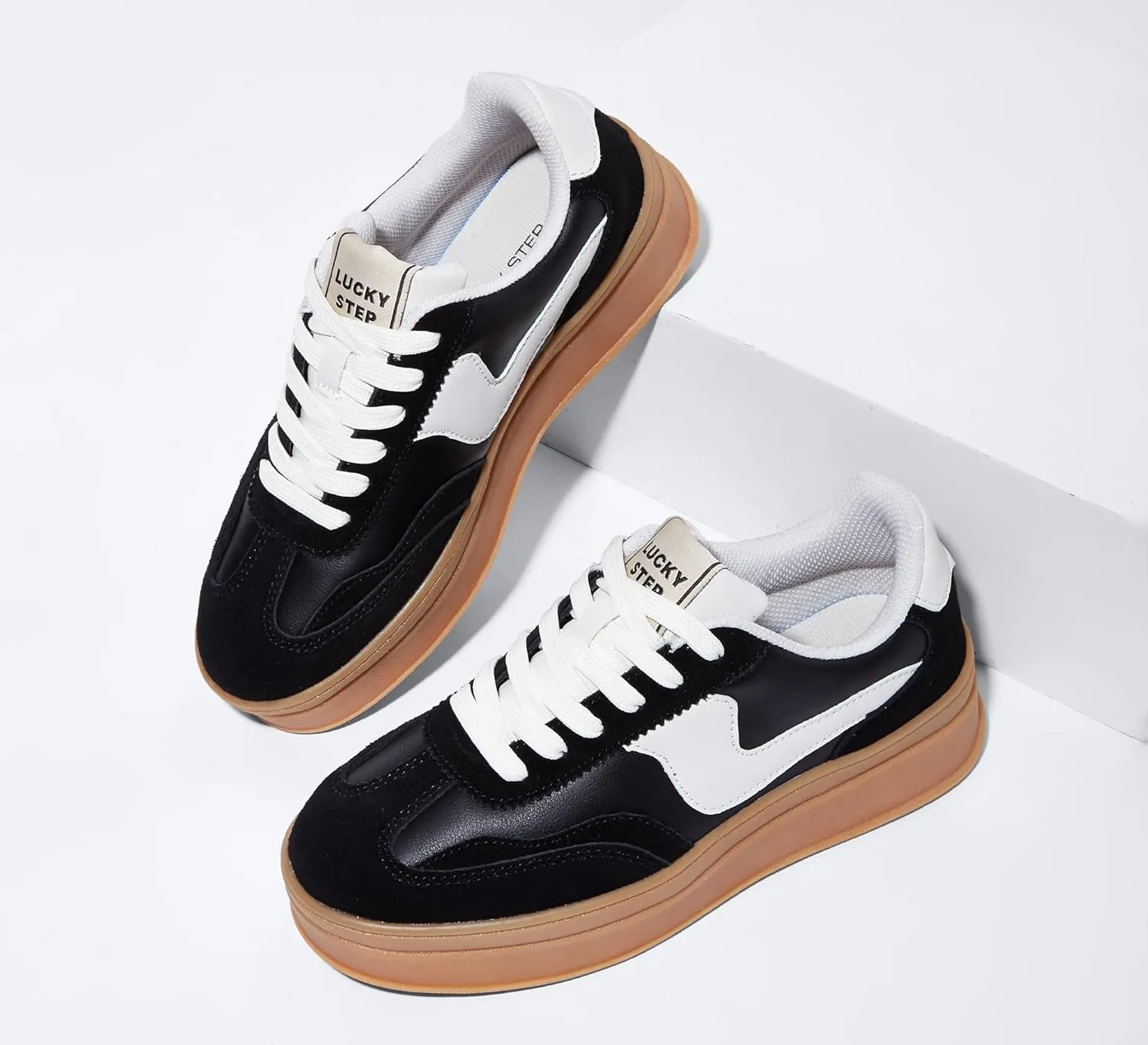 LUCKY STEP Women's Platform Fashion Sneakers Thick Sole Suede Genuine Leather Classic Rubber Gum Sole Low Top Casual Walking Shoes