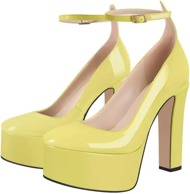 Mary Jane Platform Buckle High Heels, Ankle Strap Round Toe Closed Toe Pumps