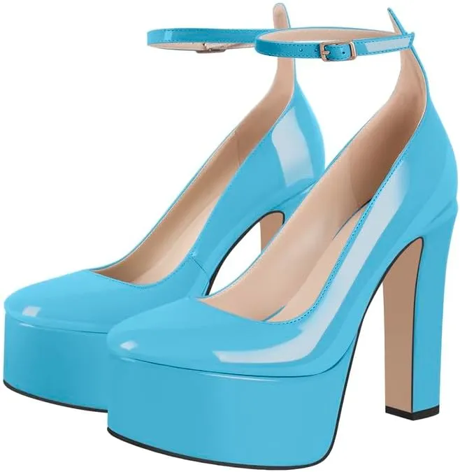 Mary Jane Platform Buckle High Heels, Ankle Strap Round Toe Closed Toe Pumps