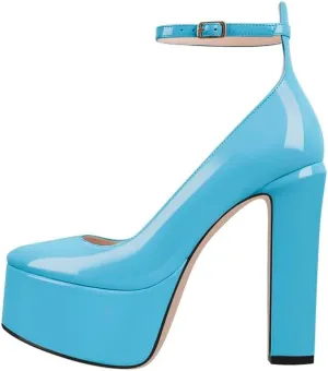 Mary Jane Platform Buckle High Heels, Ankle Strap Round Toe Closed Toe Pumps