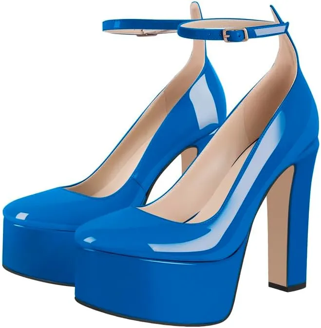 Mary Jane Platform Buckle High Heels, Ankle Strap Round Toe Closed Toe Pumps