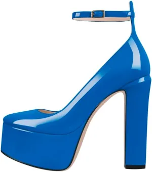 Mary Jane Platform Buckle High Heels, Ankle Strap Round Toe Closed Toe Pumps