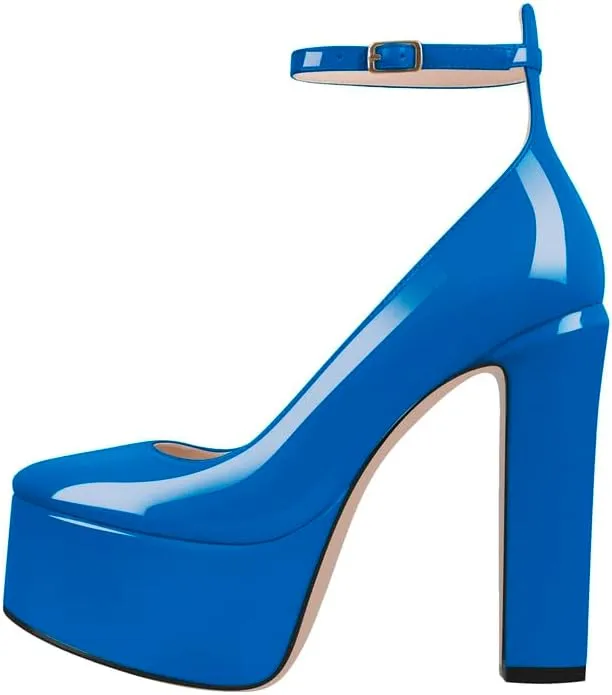 Mary Jane Platform Buckle High Heels, Ankle Strap Round Toe Closed Toe Pumps