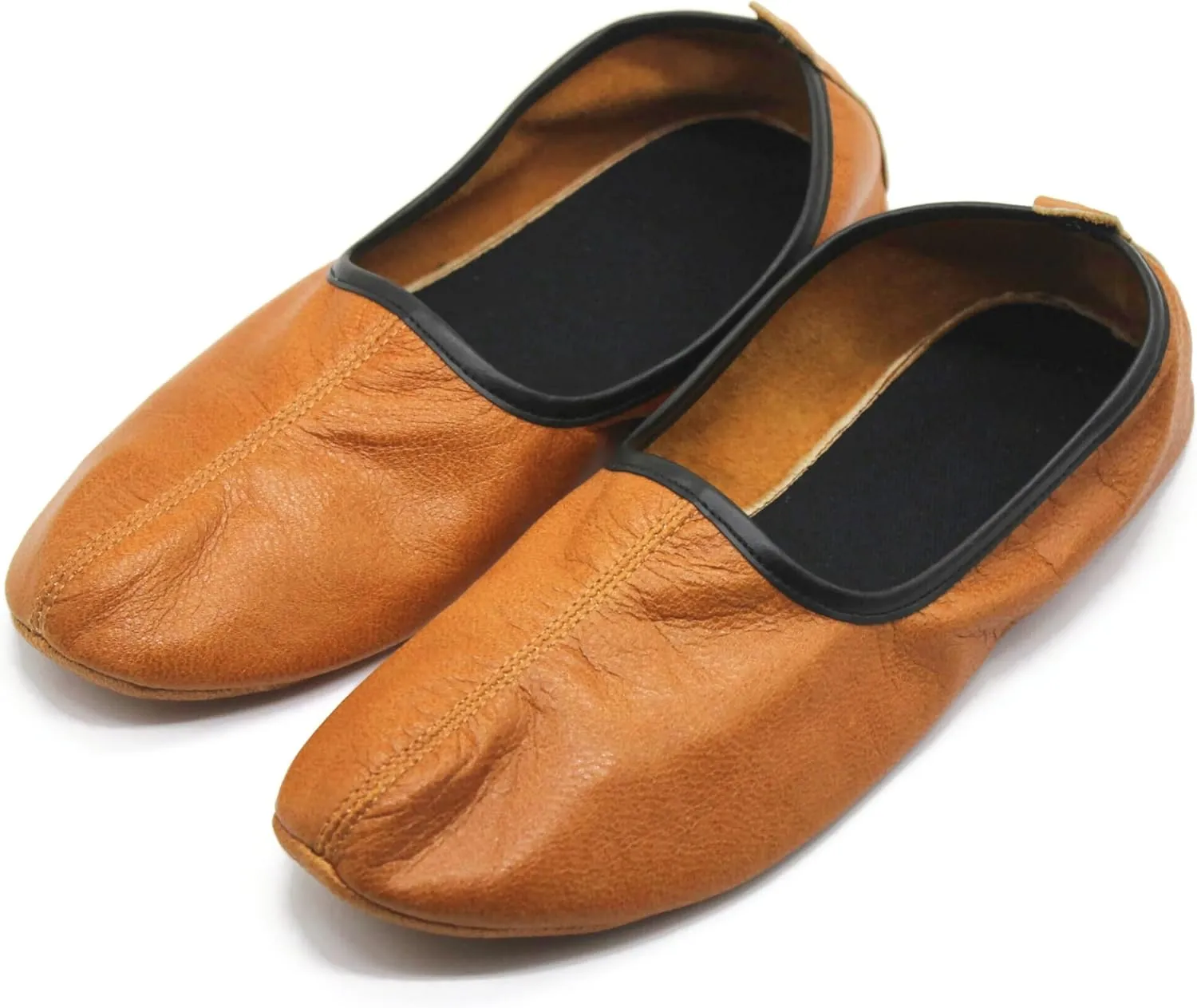 Mens Indoor Leather Slippers Antique Tan Traditional Babouche House Shoes Barefoot Moccasin