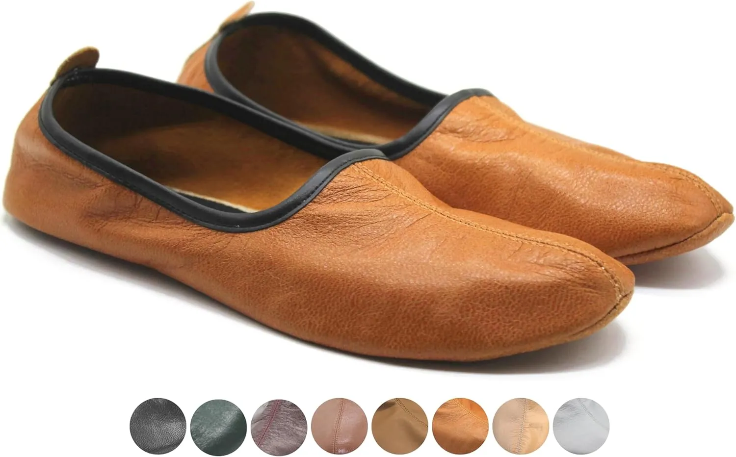 Mens Indoor Leather Slippers Antique Tan Traditional Babouche House Shoes Barefoot Moccasin