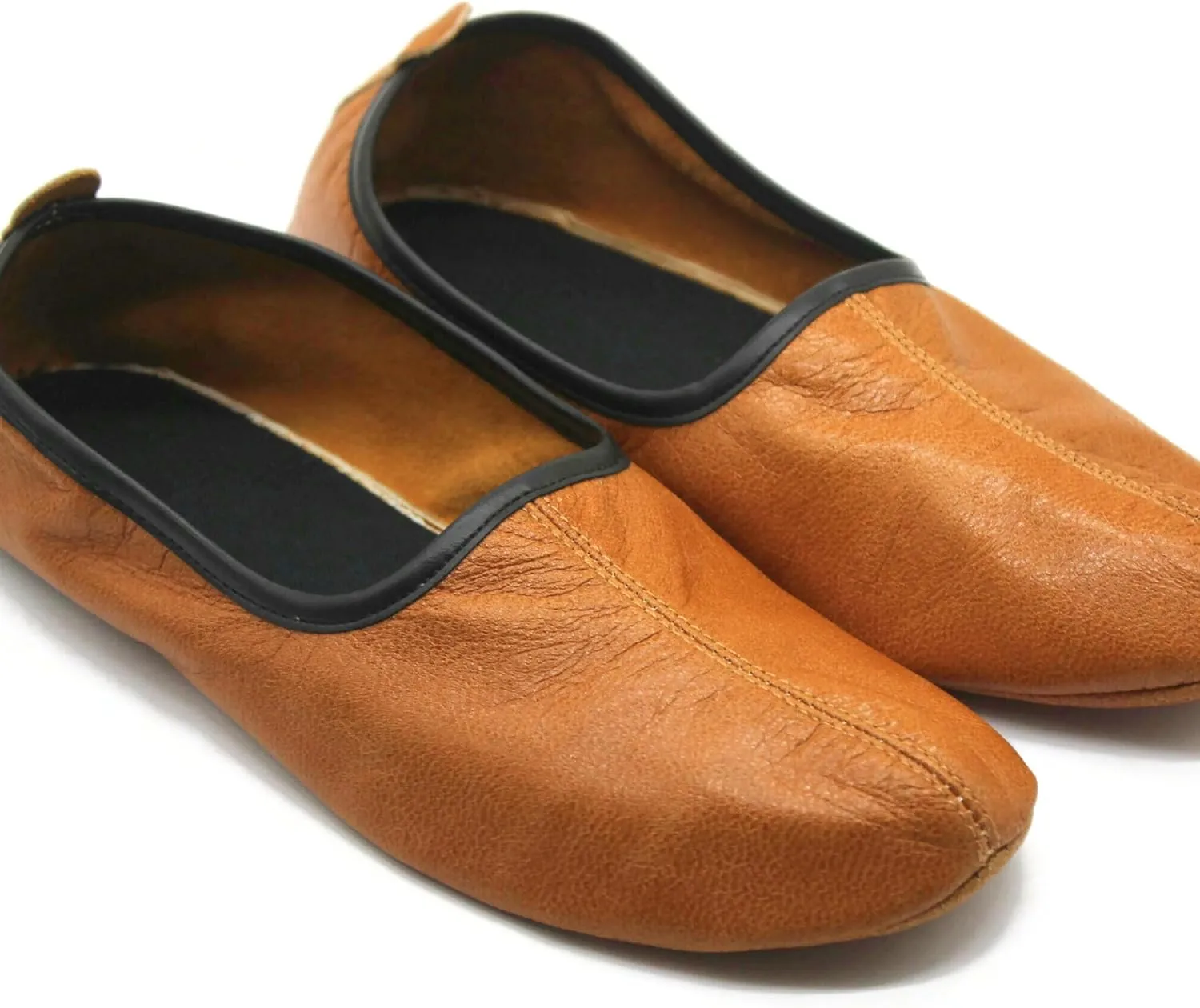 Mens Indoor Leather Slippers Antique Tan Traditional Babouche House Shoes Barefoot Moccasin