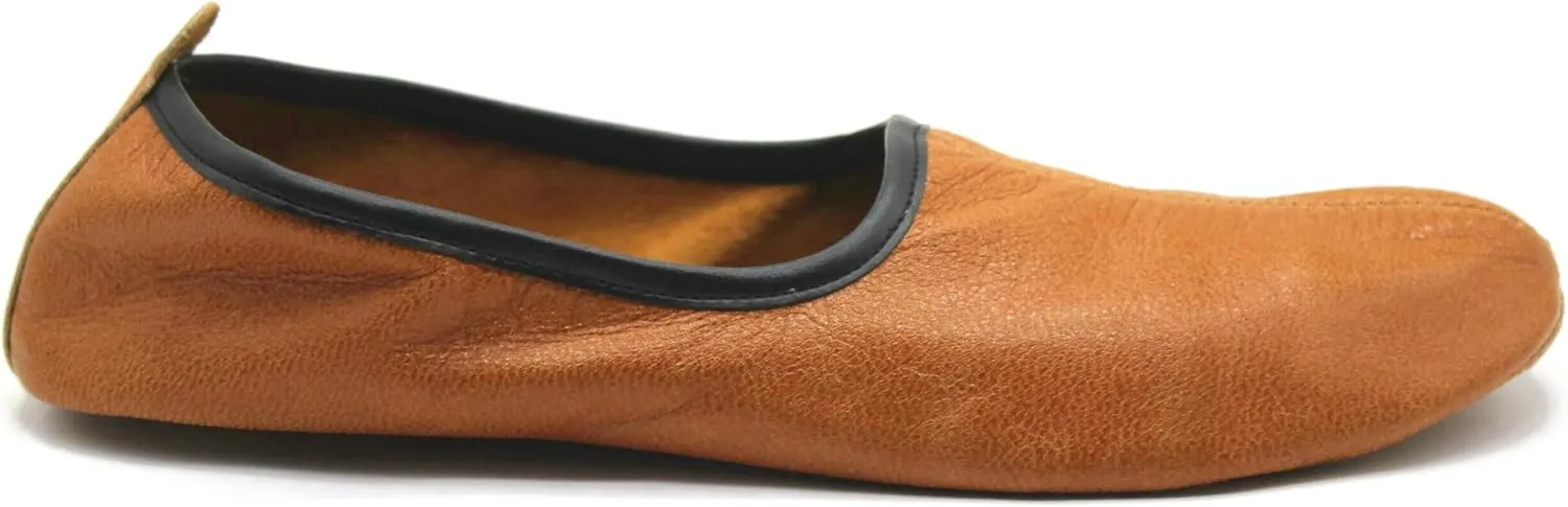 Mens Indoor Leather Slippers Antique Tan Traditional Babouche House Shoes Barefoot Moccasin