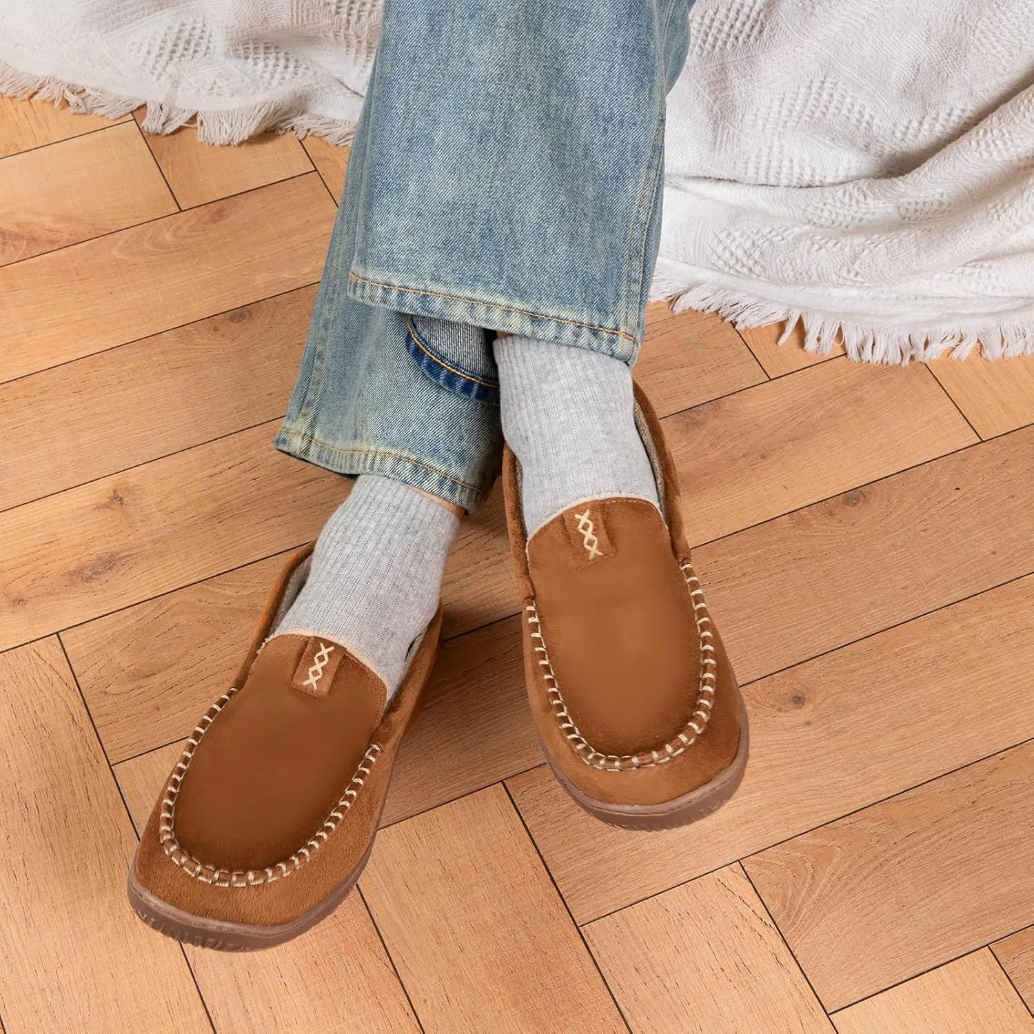 Men's Moccasin House Slippers - Memory Foam Indoor Outdoor Shoes Breathable Slip-on Loafers