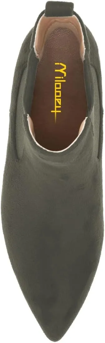 Milooey shoes Women's Kitten Low Heel Ankle Boots Pointed Toe Short Booties Elastic Chelsea Booties Pull On Comfortable Warm Dress Fashion Shoes Size 4-16 Us