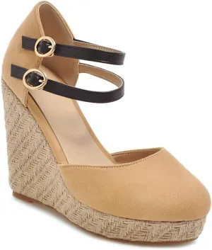 MIOKE Women's Espadrille Wedge Sandals Round Toe Buckle Ankle Strap Platform Chunky High Heel Dress Shoes