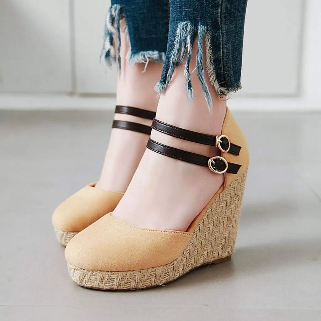 MIOKE Women's Espadrille Wedge Sandals Round Toe Buckle Ankle Strap Platform Chunky High Heel Dress Shoes