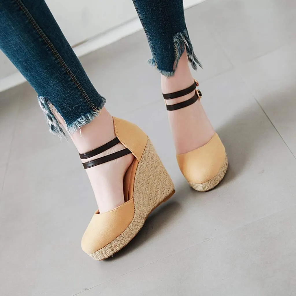 MIOKE Women's Espadrille Wedge Sandals Round Toe Buckle Ankle Strap Platform Chunky High Heel Dress Shoes