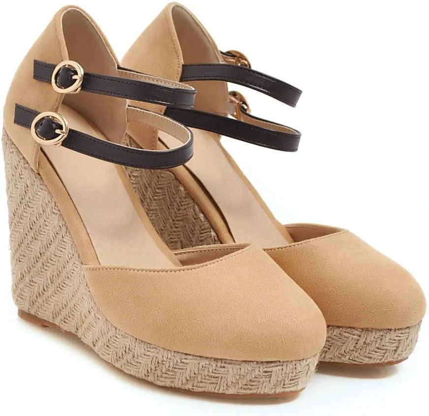 MIOKE Women's Espadrille Wedge Sandals Round Toe Buckle Ankle Strap Platform Chunky High Heel Dress Shoes