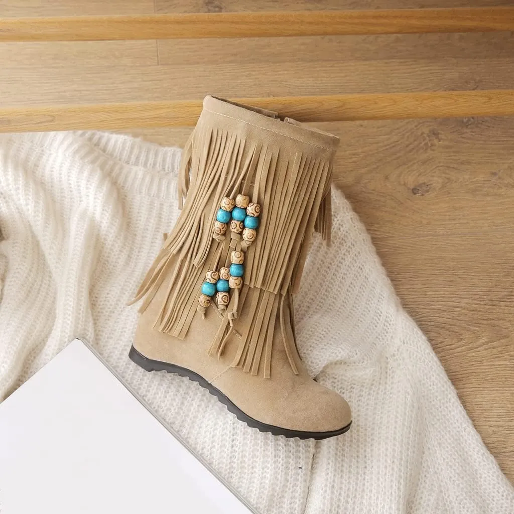 MIOKE Women's Suede Tassel Flat Ankle Boots Round Toe Slip On Low Heel Winter Wide Fringed Short Booties