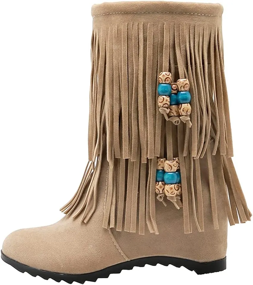 MIOKE Women's Suede Tassel Flat Ankle Boots Round Toe Slip On Low Heel Winter Wide Fringed Short Booties